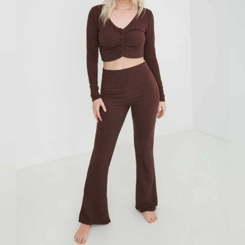 Garage Brown Ribbed Lounge Set Cardigan Wide Leg Pants S